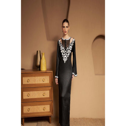 SAKSHI G CHAWLA Lurex V-Neck Black Embroidered Kaftan Dress