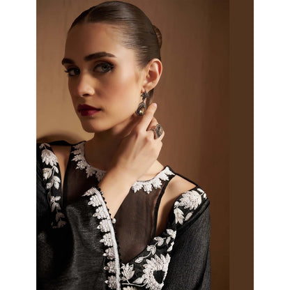 SAKSHI G CHAWLA Lurex V-Neck Black Embroidered Kaftan Dress