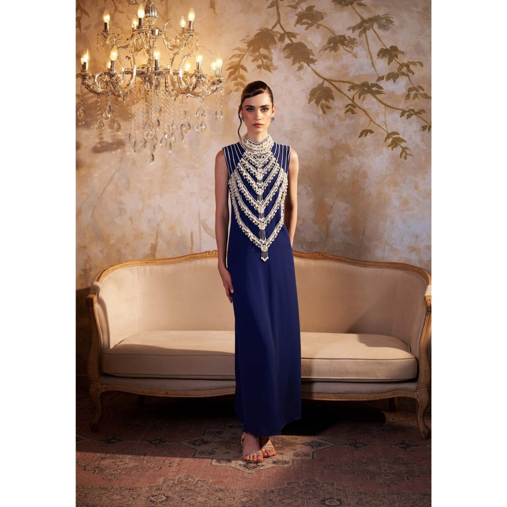 SAKSHI G CHAWLA Georgette Turtle Neck Blue Embroidered Kaftan Dress