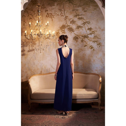 SAKSHI G CHAWLA Georgette Turtle Neck Blue Embroidered Kaftan Dress
