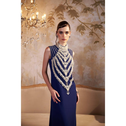 SAKSHI G CHAWLA Georgette Turtle Neck Blue Embroidered Kaftan Dress