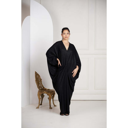 SAKSHI G CHAWLA Lurex V-Neck Black Embellished Kaftan Dress