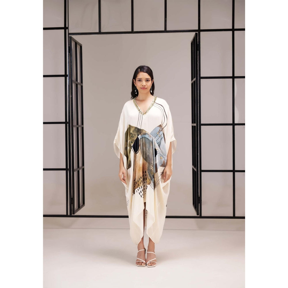 SAKSHI G CHAWLA Modal V-Neck Multi-Color Abstract Kaftan Dress