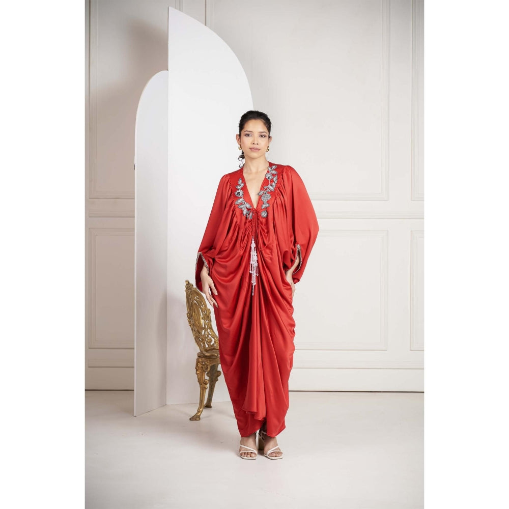 SAKSHI G CHAWLA Crepe V-Neck Red Embroidered Kaftan Dress