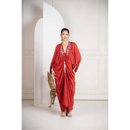 SAKSHI G CHAWLA Crepe V-Neck Red Embroidered Kaftan Dress