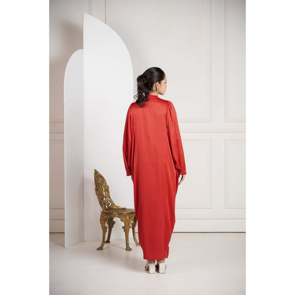SAKSHI G CHAWLA Crepe V-Neck Red Embroidered Kaftan Dress
