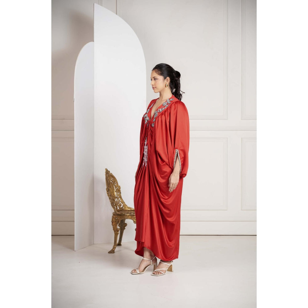 SAKSHI G CHAWLA Crepe V-Neck Red Embroidered Kaftan Dress