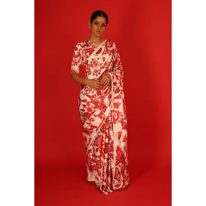 Saksham & Neharicka Red & Ivory Printed Saree with Unstitched Blouse
