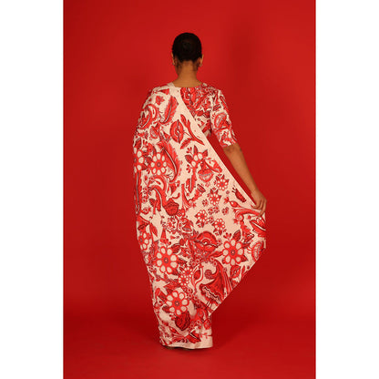 Saksham & Neharicka Red & Ivory Printed Saree with Unstitched Blouse