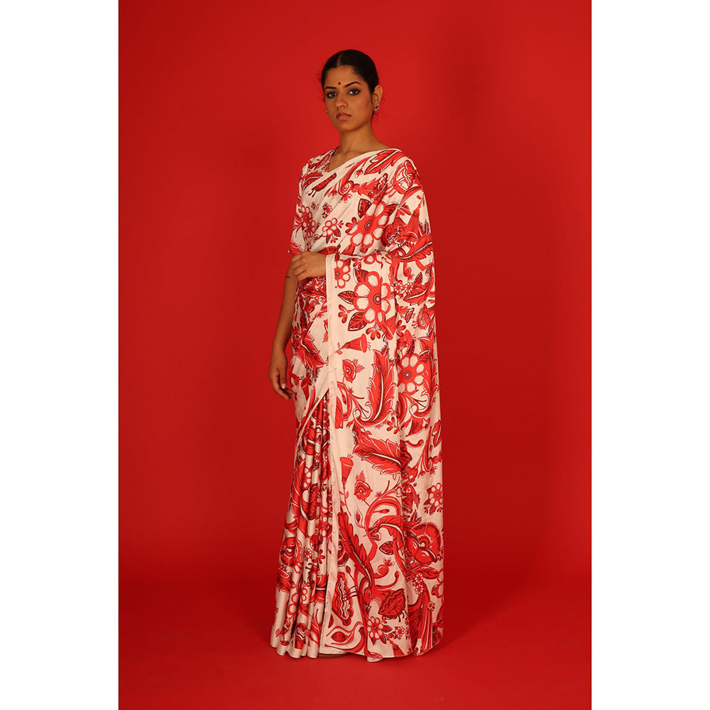 Saksham & Neharicka Red & Ivory Printed Saree with Unstitched Blouse