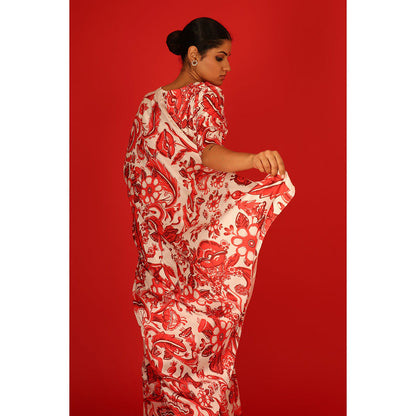 Saksham & Neharicka Red & Ivory Printed Saree with Unstitched Blouse