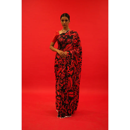 Saksham & Neharicka Red And Black Saree In Satin with Unstitched Blouse