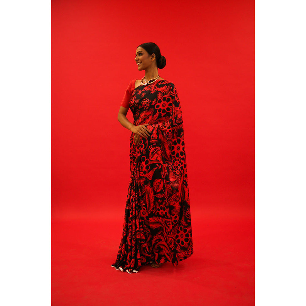 Saksham & Neharicka Red And Black Saree In Satin with Unstitched Blouse