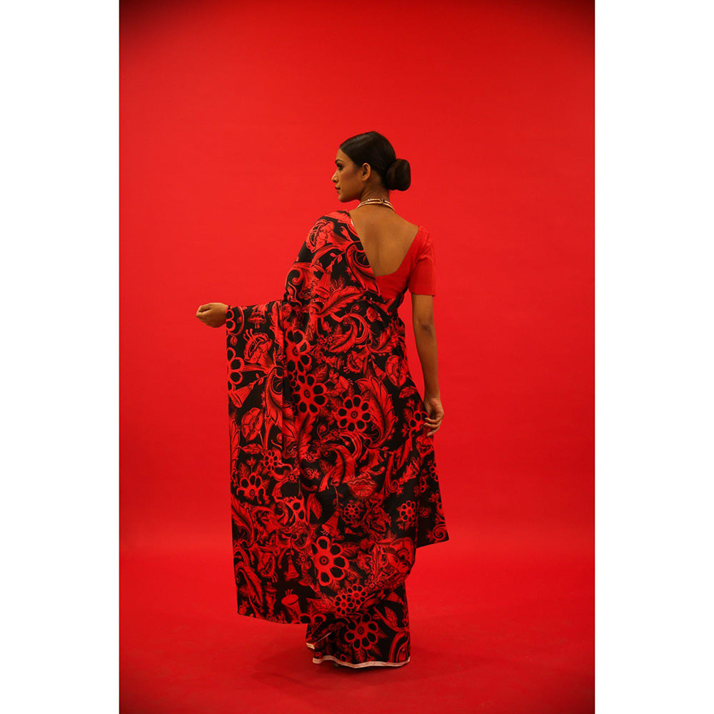 Saksham & Neharicka Red And Black Saree In Satin with Unstitched Blouse