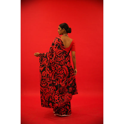 Saksham & Neharicka Red And Black Saree In Satin with Unstitched Blouse
