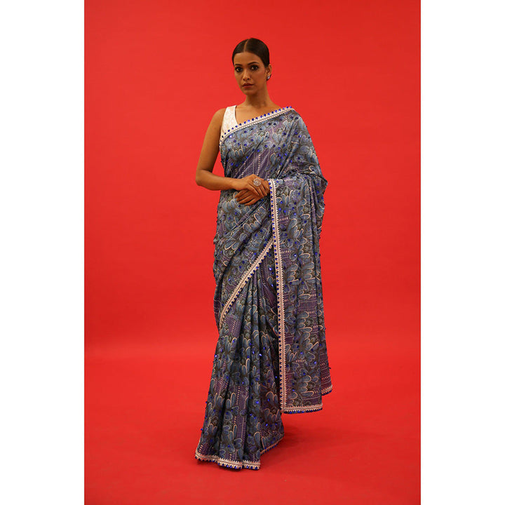 Saksham & Neharicka Blue Printed & Embroidered Saree with Unstitched Blouse