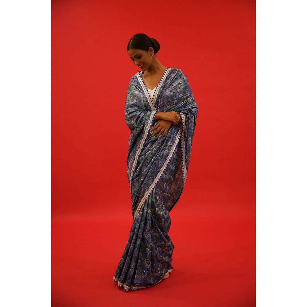 Saksham & Neharicka Blue Printed & Embroidered Saree with Unstitched Blouse