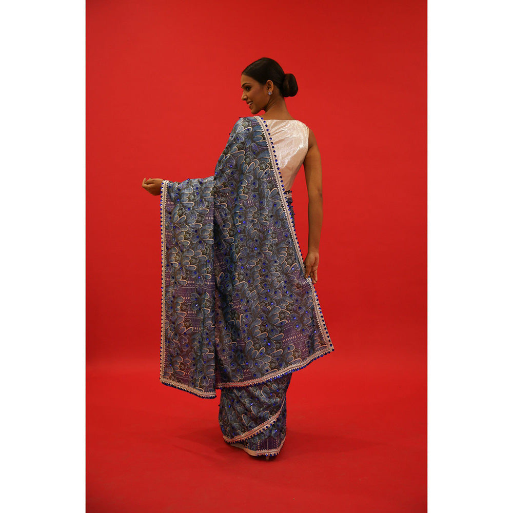 Saksham & Neharicka Blue Printed & Embroidered Saree with Unstitched Blouse