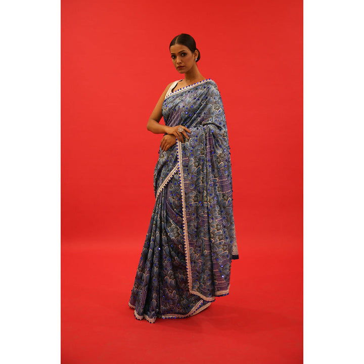 Saksham & Neharicka Blue Printed & Embroidered Saree with Unstitched Blouse