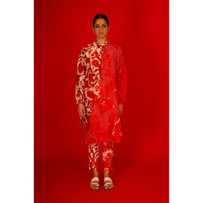 Saksham & Neharicka Red Printed Kurta In Chanderi