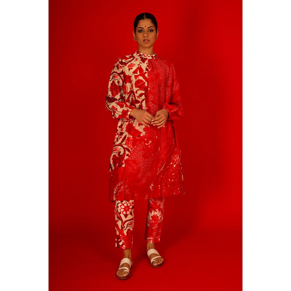 Saksham & Neharicka Red Printed Kurta In Chanderi