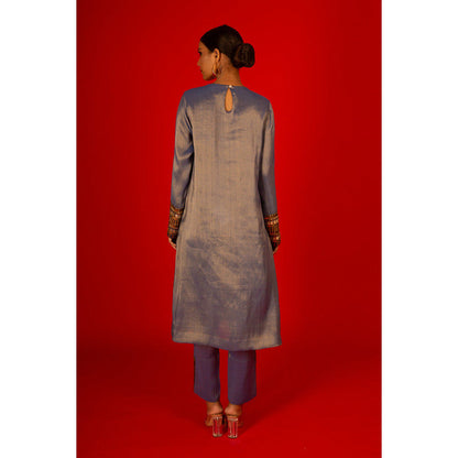 Saksham & Neharicka Blue Hand Embroidered Metal Kurta In Silk Tissue with Pant (Set of 2)