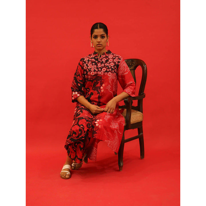 Saksham & Neharicka Red and Black Printed Kurta In Chanderi