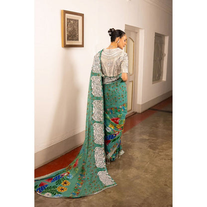 Saksham & Neharicka Green Printed and Embellished Georgette Saree with Stitched Blouse