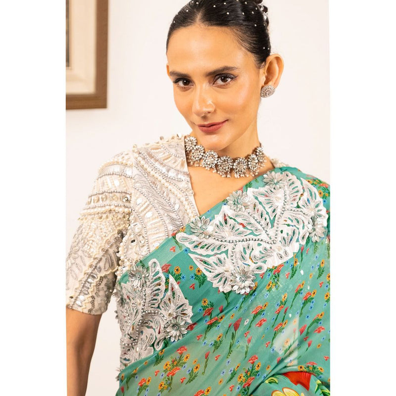 Saksham & Neharicka Green Printed and Embellished Georgette Saree with Stitched Blouse