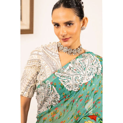 Saksham & Neharicka Green Printed and Embellished Georgette Saree with Stitched Blouse