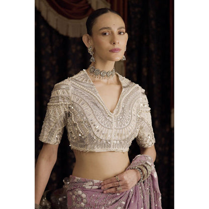 Saksham & Neharicka Green Printed and Embellished Georgette Saree with Stitched Blouse