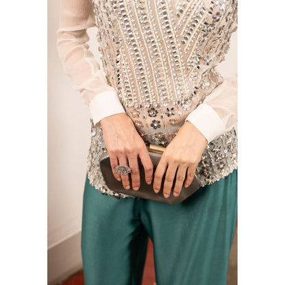 Saksham & Neharicka Ivory Embroidered Top In Chiffon