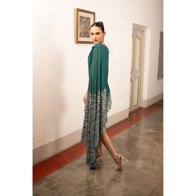 Saksham & Neharicka Green Embellished Dress In Georgette