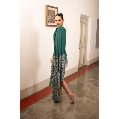 Saksham & Neharicka Green Embellished Dress In Georgette