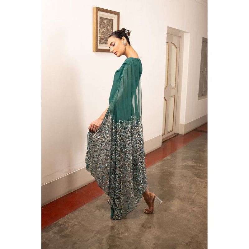 Saksham & Neharicka Green Embellished Dress In Georgette