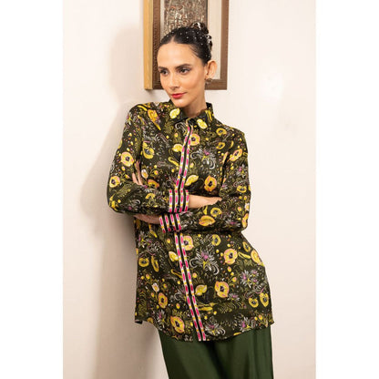 Saksham & Neharicka Green Printed Satin Shirt