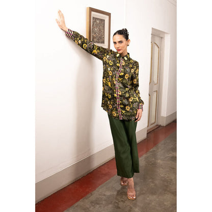 Saksham & Neharicka Green Printed Satin Shirt