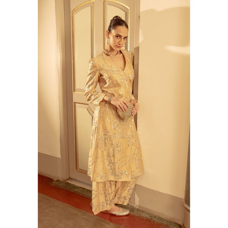 Saksham & Neharicka Beige Embroidered Kurta with Palazzo (Set of 2)
