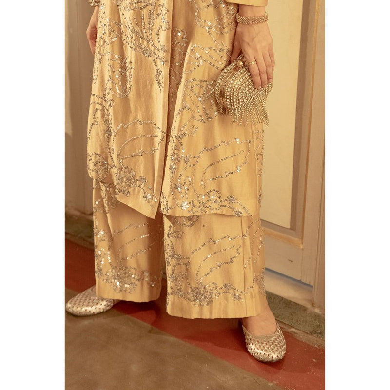Saksham & Neharicka Beige Embroidered Kurta with Palazzo (Set of 2)