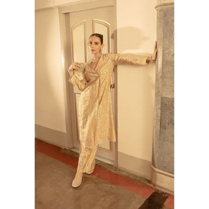 Saksham & Neharicka Beige Embroidered Kurta with Palazzo (Set of 2)