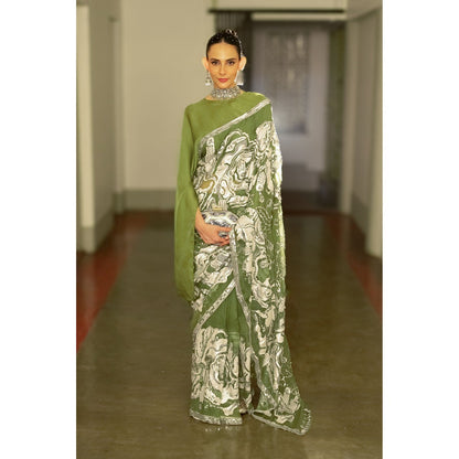 Saksham & Neharicka Olive Green Silk Organza Embellished Saree with Top