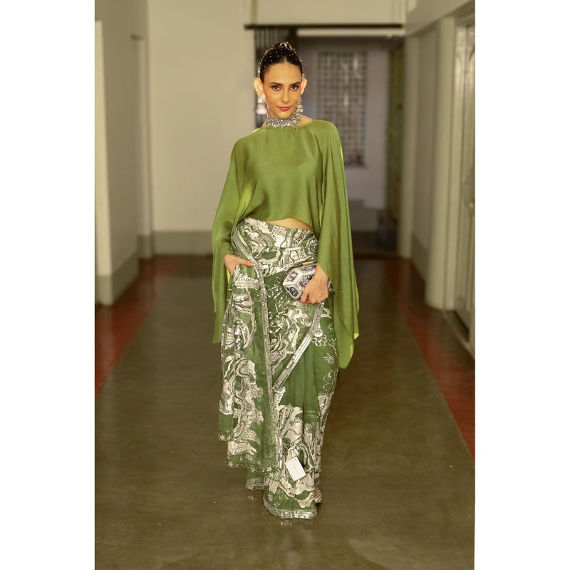 Saksham & Neharicka Olive Green Silk Organza Embellished Saree with Top