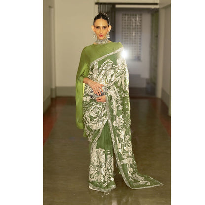 Saksham & Neharicka Olive Green Silk Organza Embellished Saree with Top