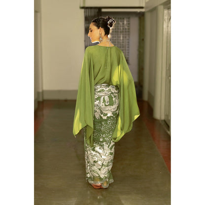 Saksham & Neharicka Olive Green Silk Organza Embellished Saree with Top