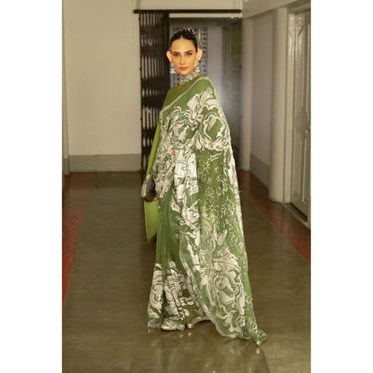 Saksham & Neharicka Olive Green Silk Organza Embellished Saree with Top