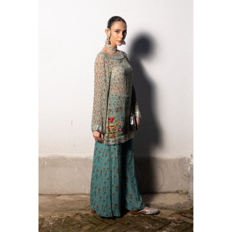Saksham & Neharicka Teal Printed and Embroidered Kurta with Palazzo (Set of 2)