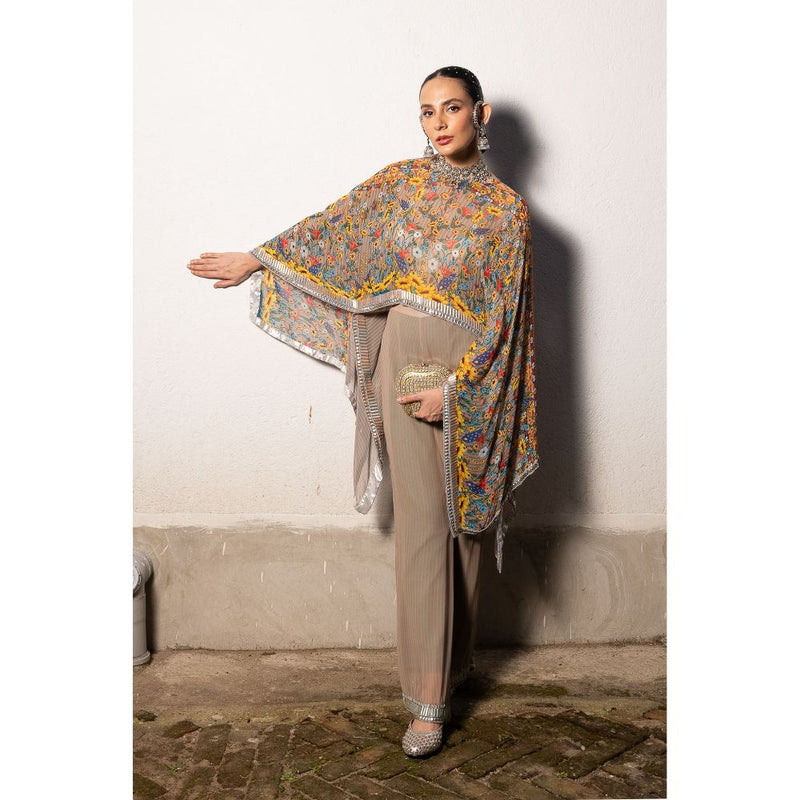 Saksham & Neharicka Brown Pastel Printed, Embroidered Top with Pant (Set of 2)