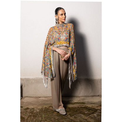 Saksham & Neharicka Brown Pastel Printed, Embroidered Top with Pant (Set of 2)
