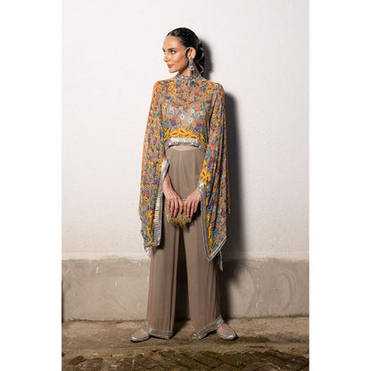 Saksham & Neharicka Brown Pastel Printed, Embroidered Top with Pant (Set of 2)