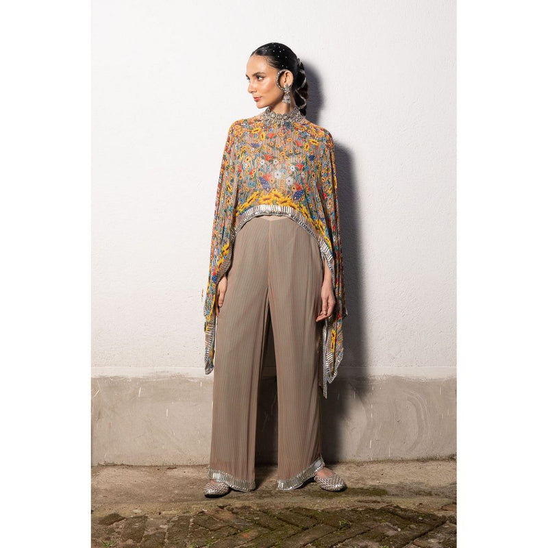 Saksham & Neharicka Brown Pastel Printed, Embroidered Top with Pant (Set of 2)